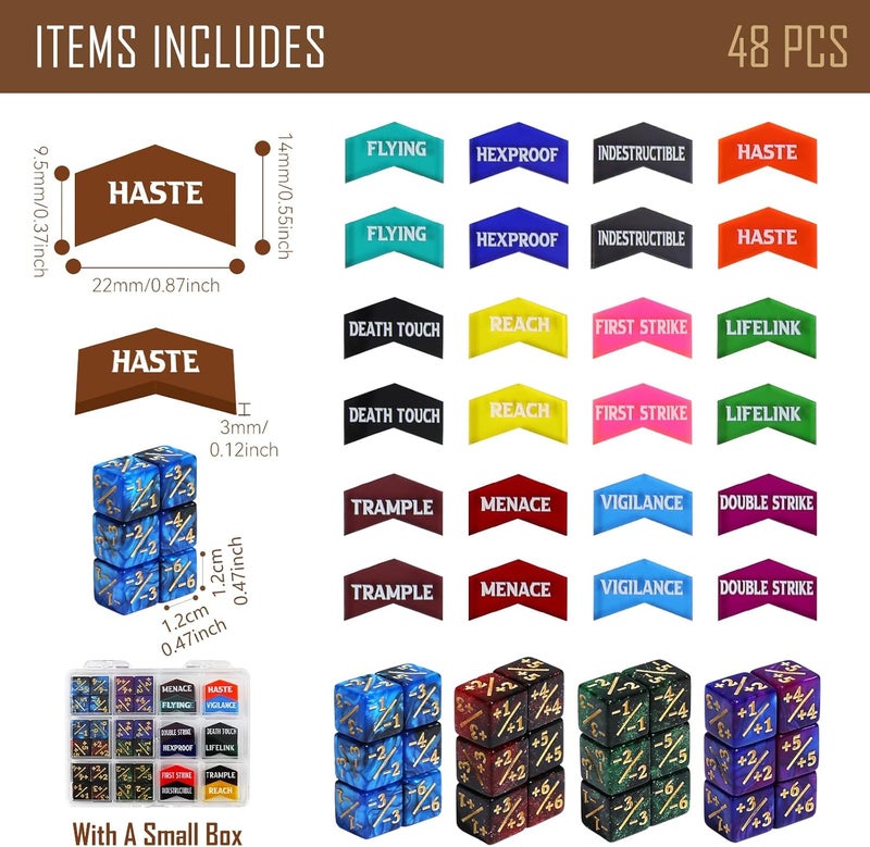 FIGURESLAB Store 48PCS MTG Tokens & 12mm Dice Counter for Magic The Gatering, MTG Abilities Keyword Buff Tokens Life Counters 6 Sided Dice, Compatible with TCG Card Gaming Accessories CCG Creature Stats - Image 2